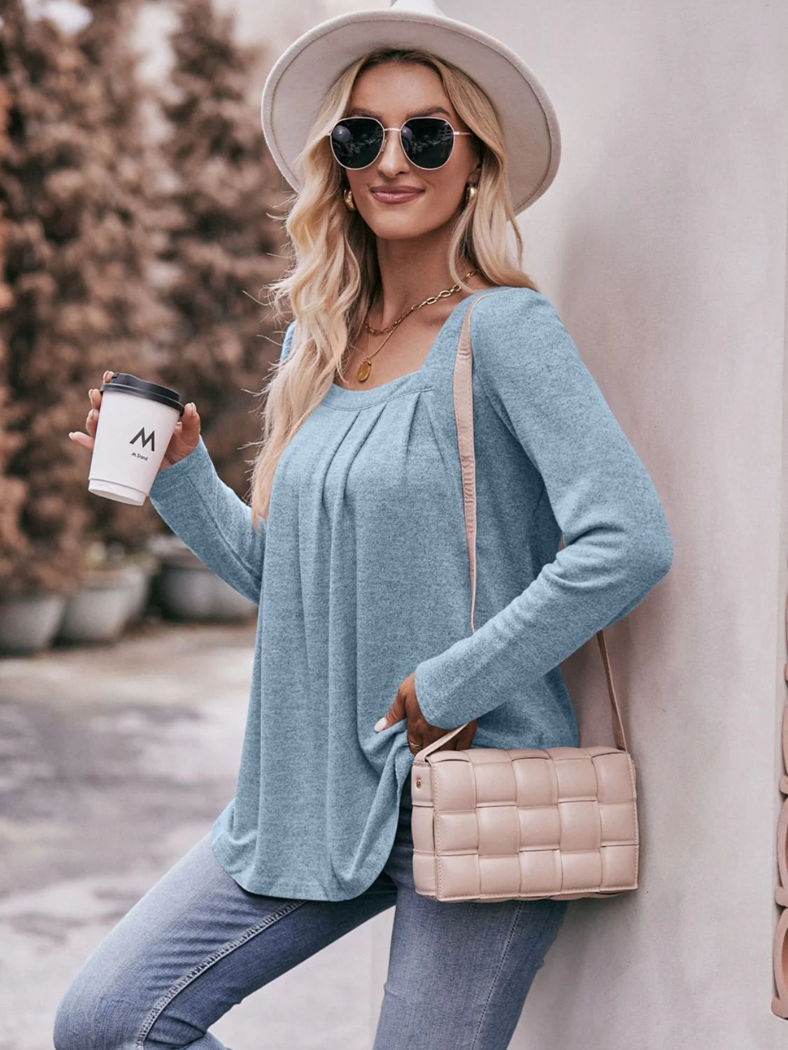 Mandy Pleated Detail Curved Hem Long Sleeve Top - Image 14