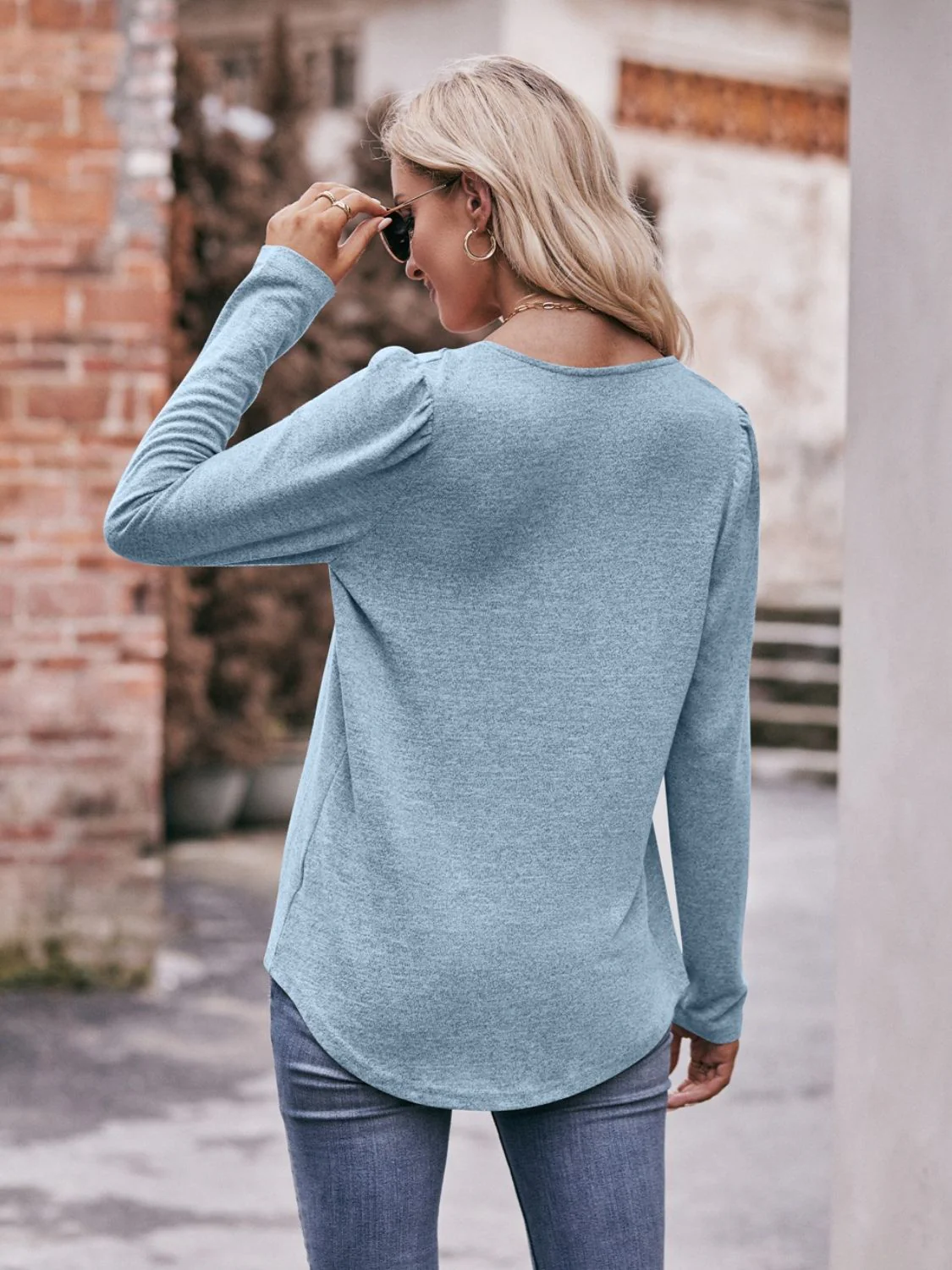 Mandy Pleated Detail Curved Hem Long Sleeve Top - Image 15