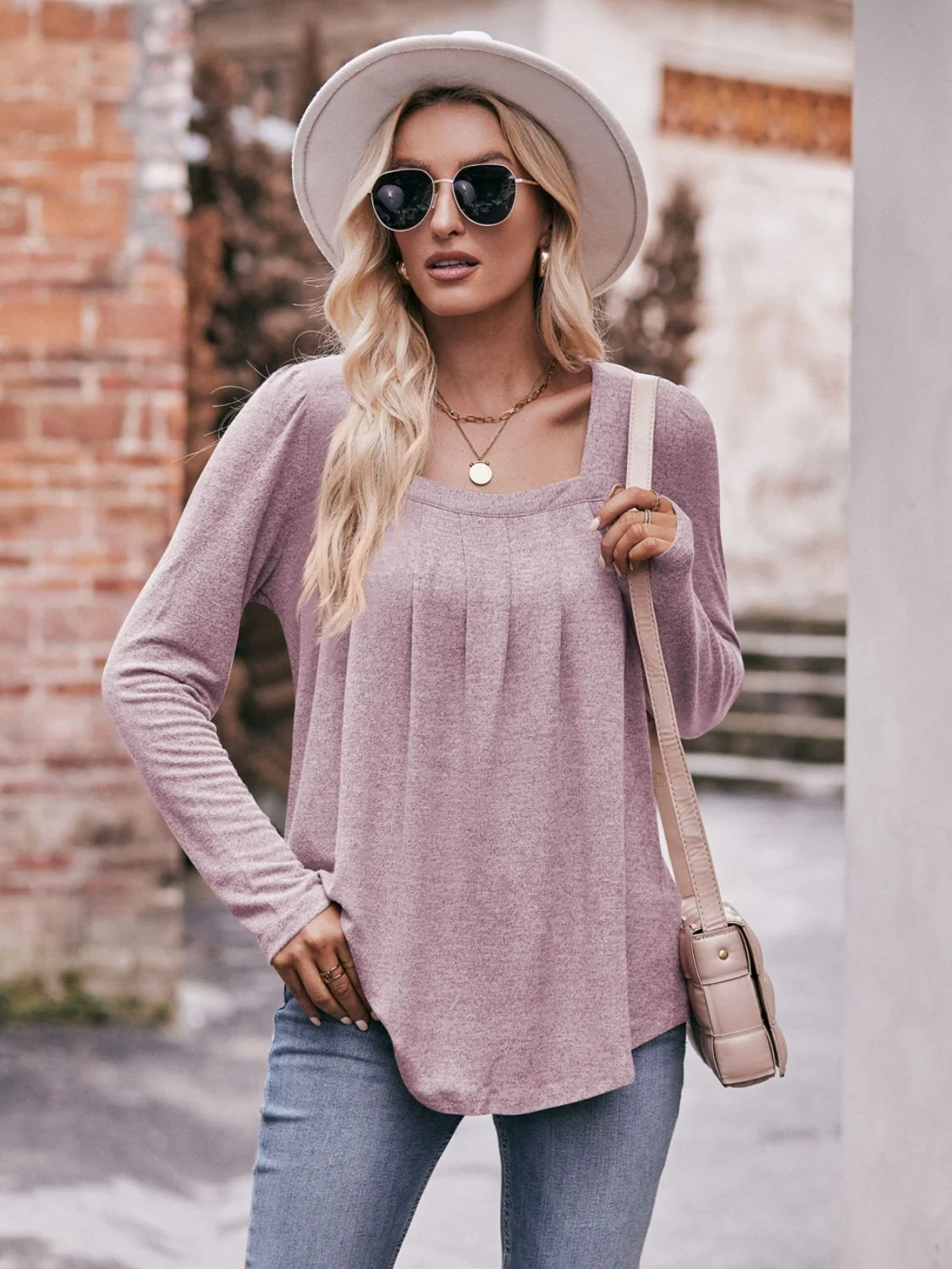 Mandy Pleated Detail Curved Hem Long Sleeve Top - Image 16