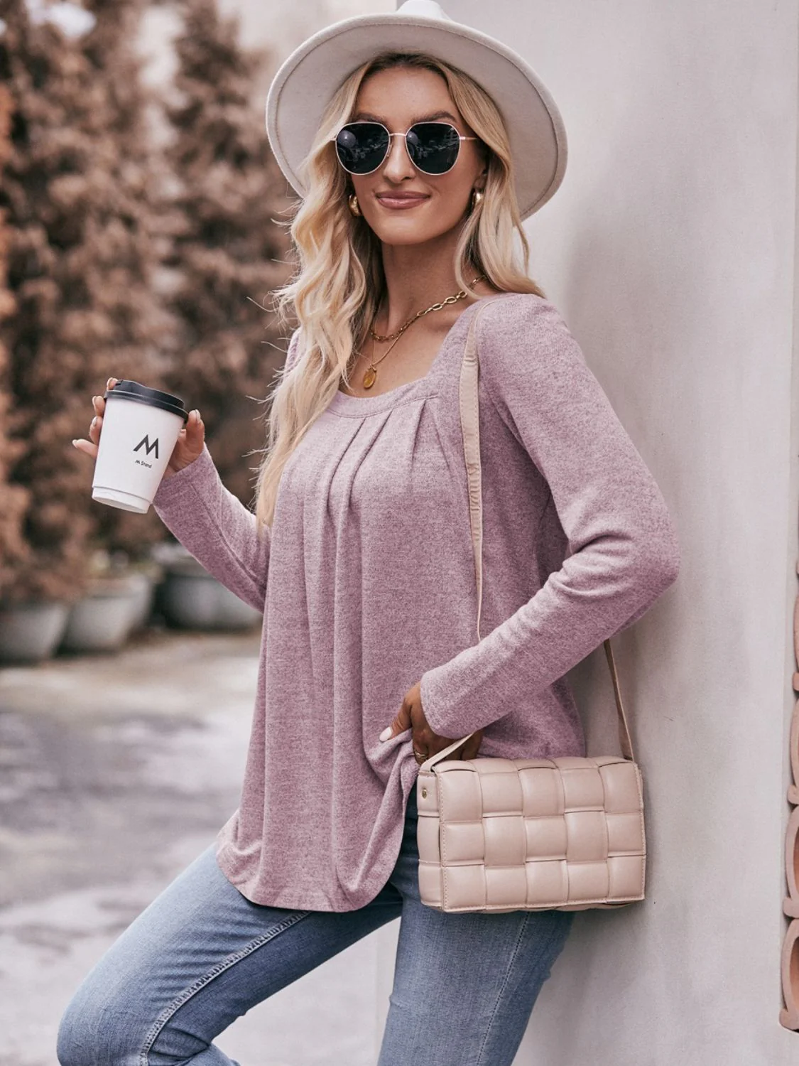 Mandy Pleated Detail Curved Hem Long Sleeve Top - Image 17