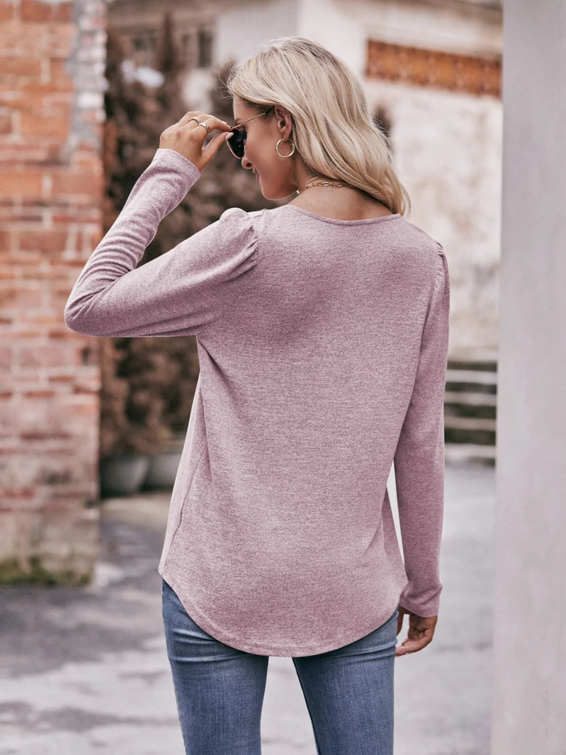 Mandy Pleated Detail Curved Hem Long Sleeve Top - Image 18