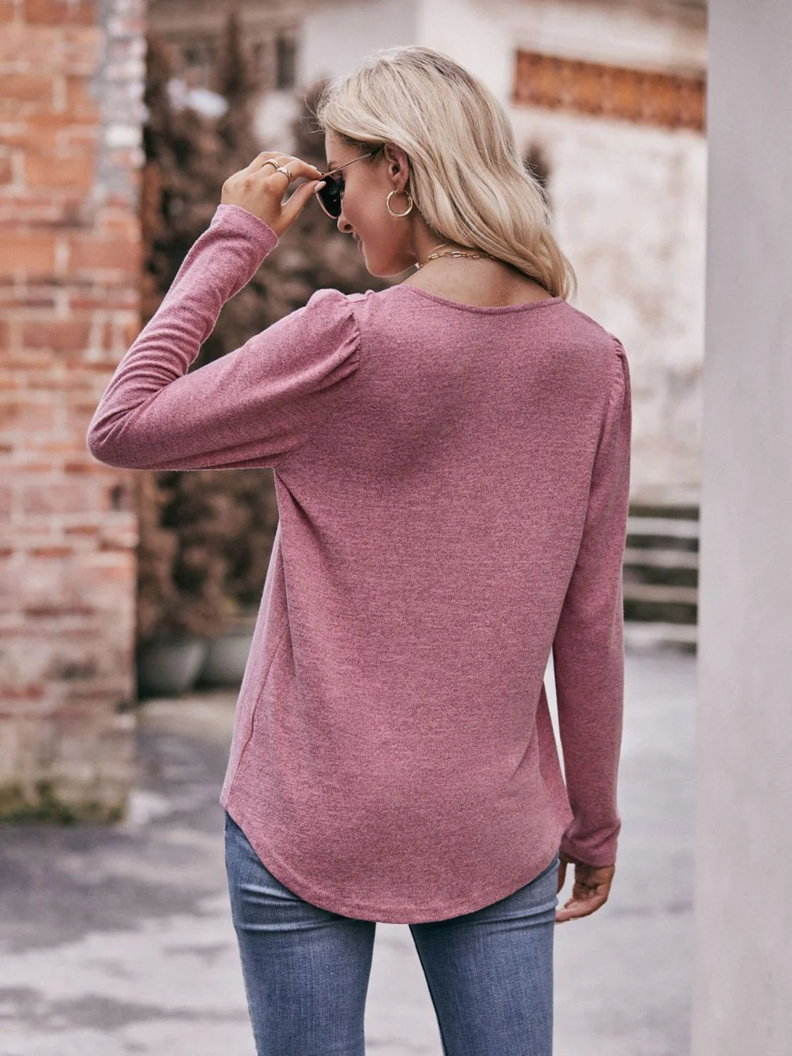 Mandy Pleated Detail Curved Hem Long Sleeve Top - Image 2