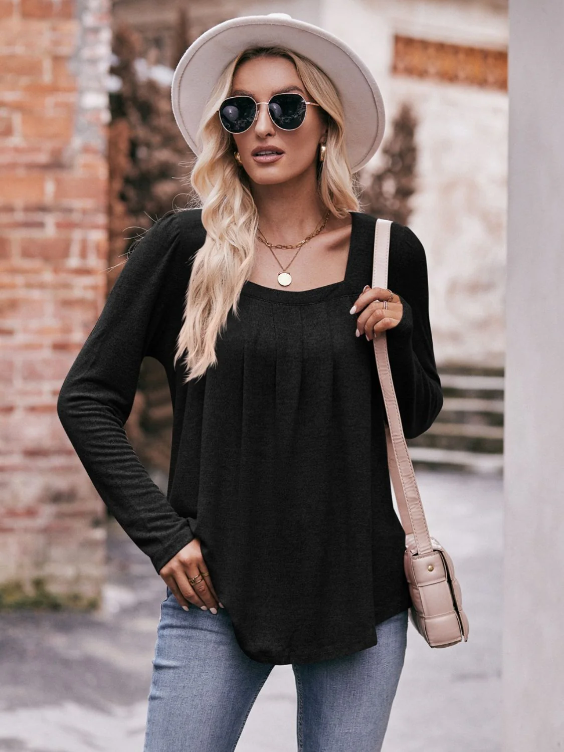 Mandy Pleated Detail Curved Hem Long Sleeve Top - Image 22