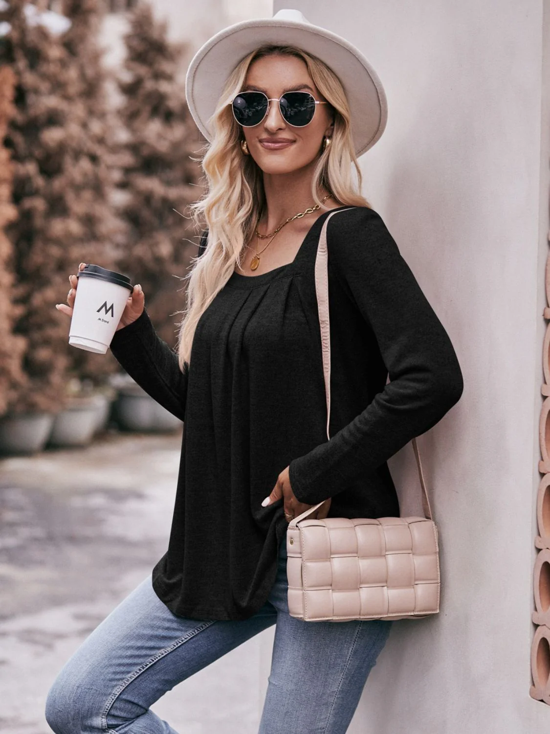Mandy Pleated Detail Curved Hem Long Sleeve Top - Image 23
