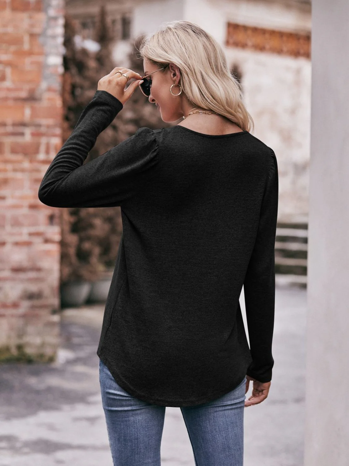Mandy Pleated Detail Curved Hem Long Sleeve Top - Image 24