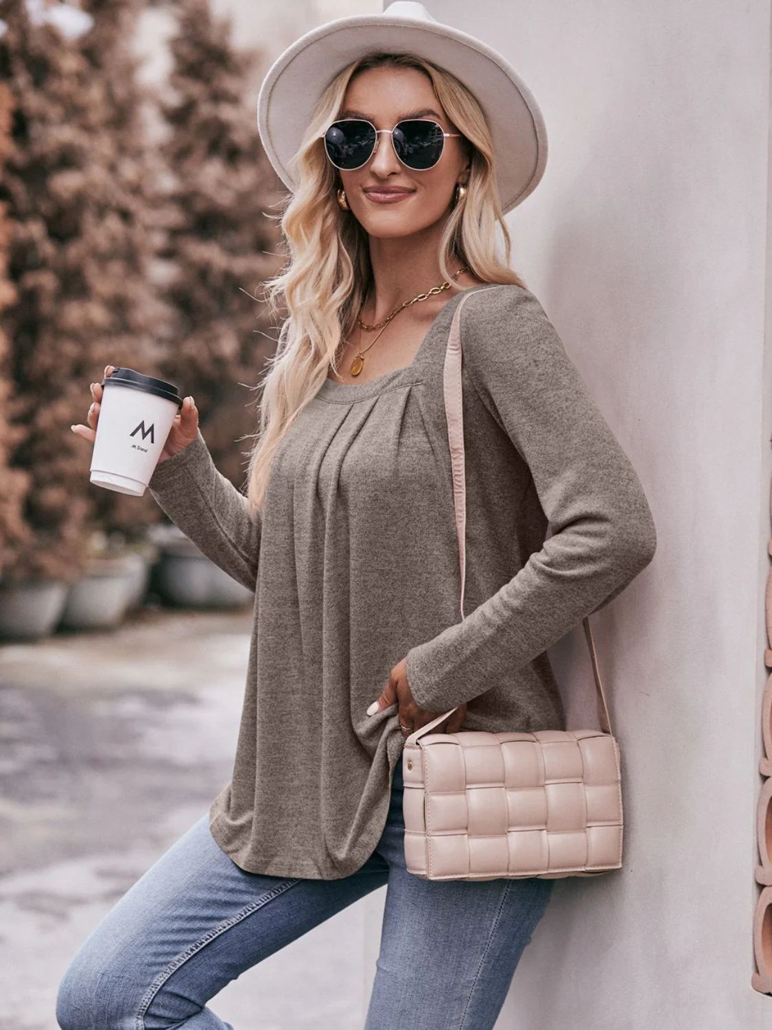 Mandy Pleated Detail Curved Hem Long Sleeve Top - Image 5