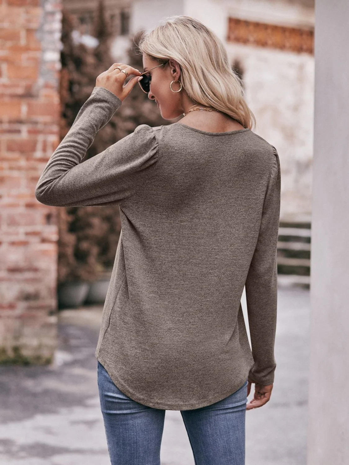 Mandy Pleated Detail Curved Hem Long Sleeve Top - Image 6