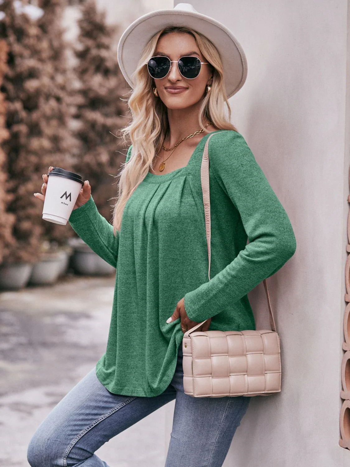 Mandy Pleated Detail Curved Hem Long Sleeve Top - Image 8