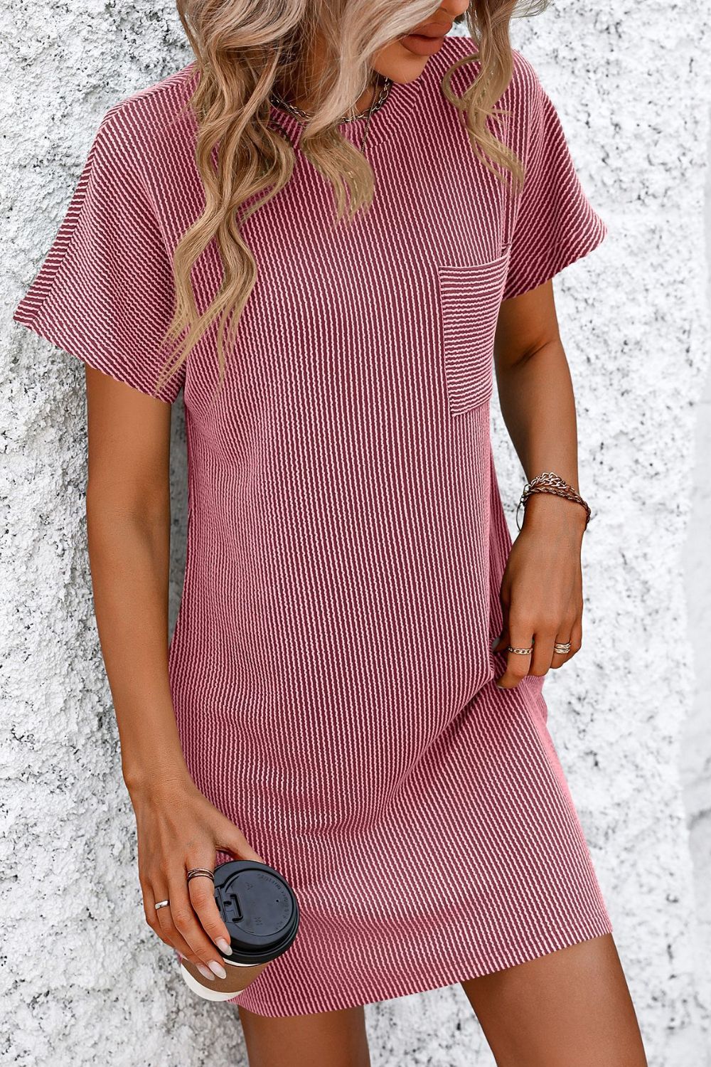 Mandy Ribbed Striped Short Sleeve Mini Tee Dress - Image 14