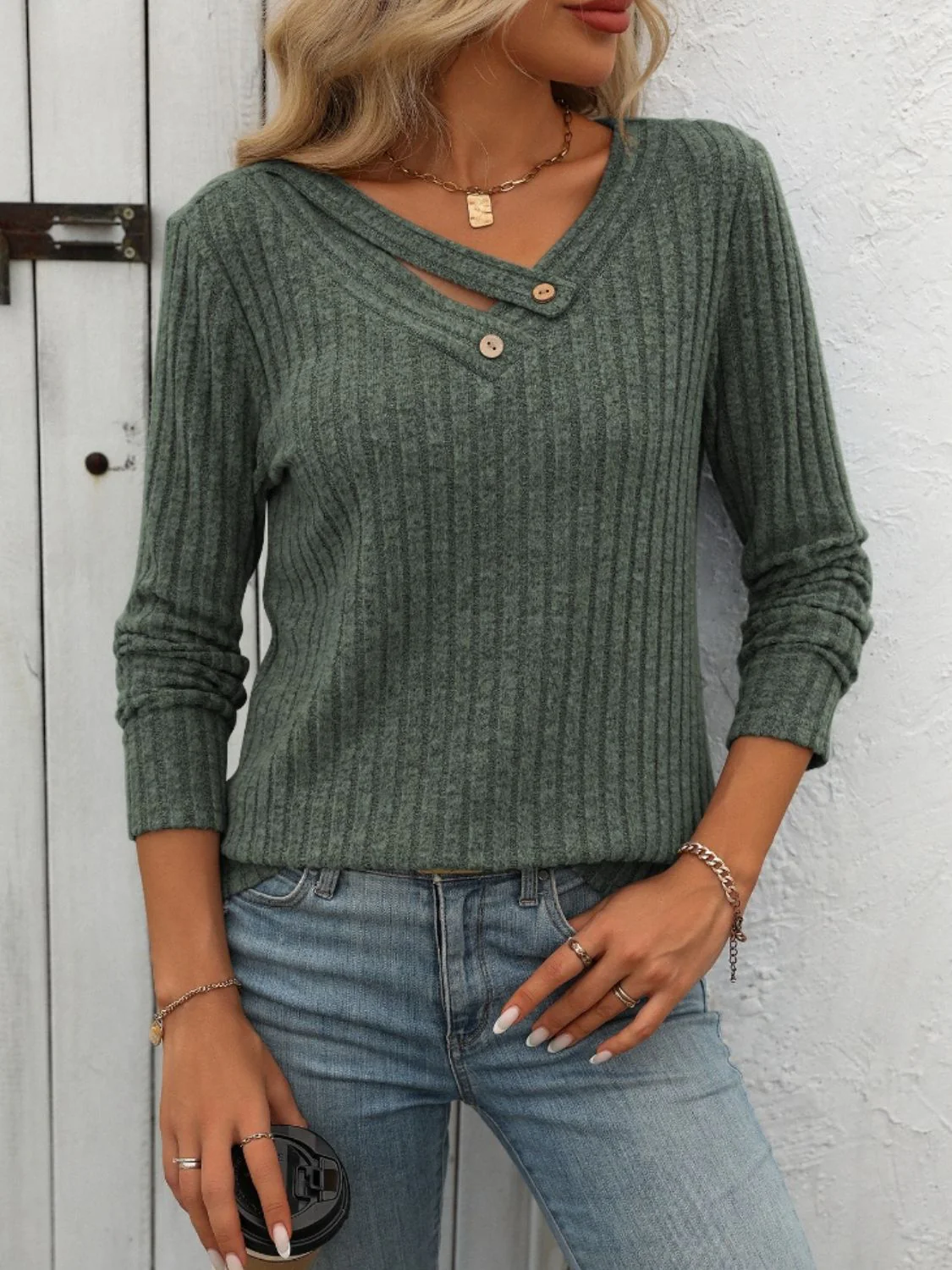 Mandy Ribbed V-Neck Long Sleeve T-Shirt - Image 12