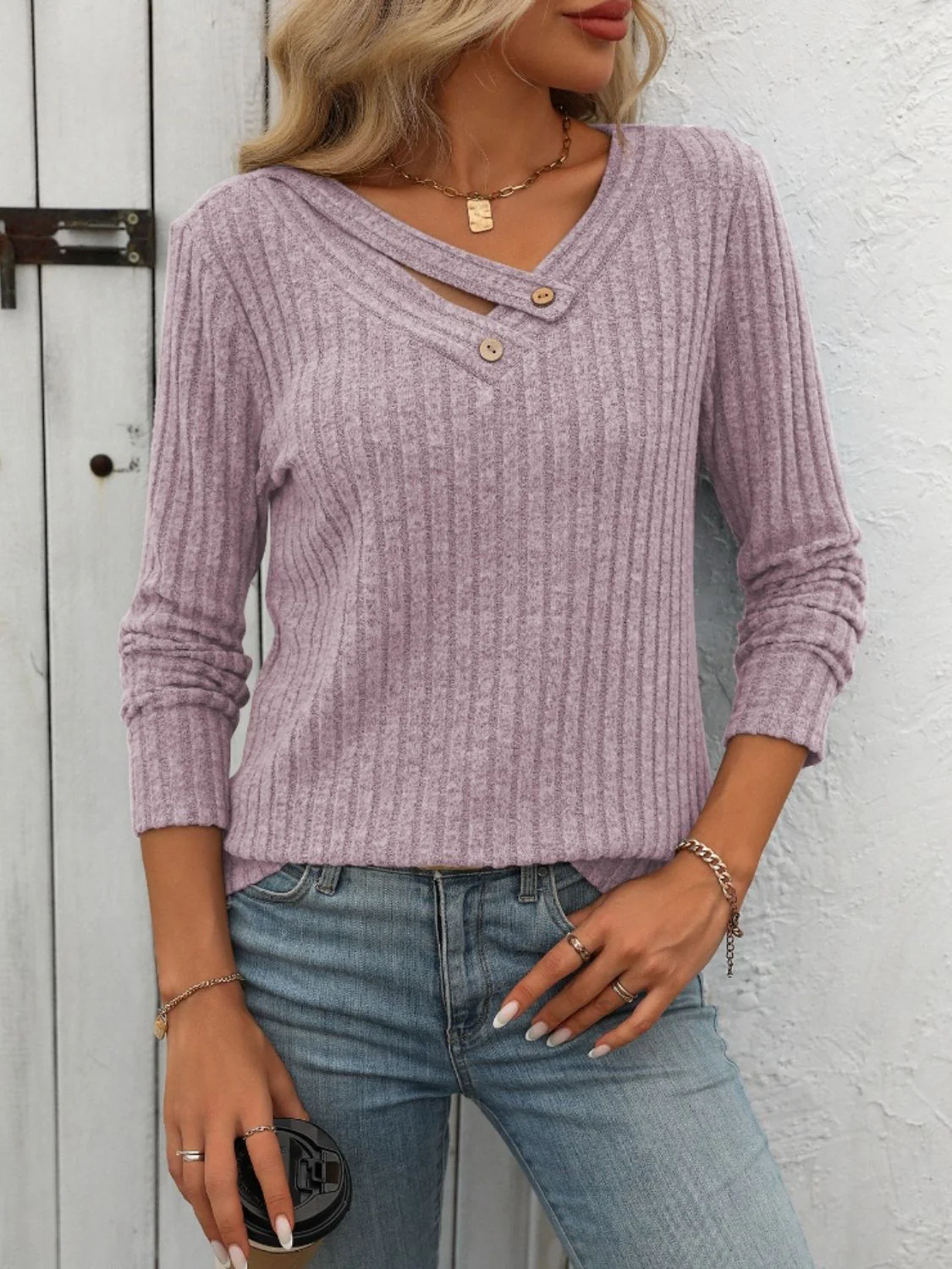 Mandy Ribbed V-Neck Long Sleeve T-Shirt - Image 13