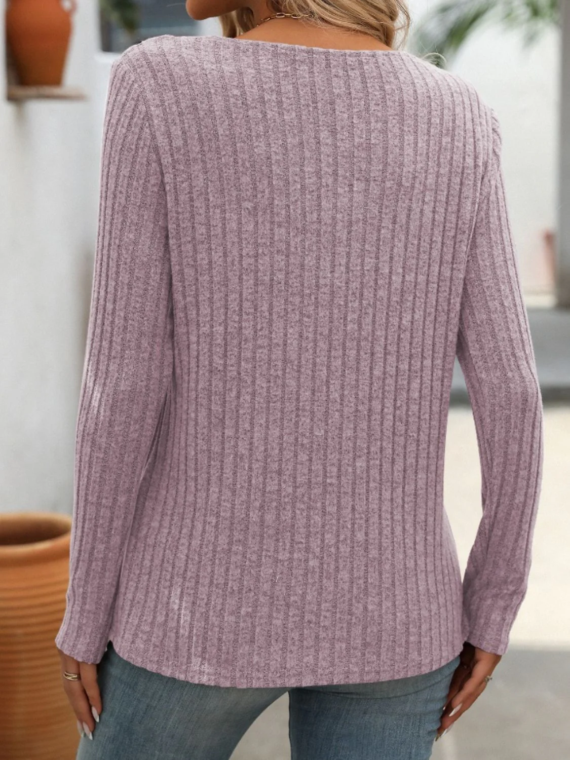 Mandy Ribbed V-Neck Long Sleeve T-Shirt - Image 14