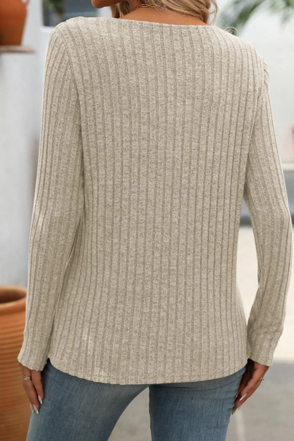 Mandy Ribbed V-Neck Long Sleeve T-Shirt - Image 17