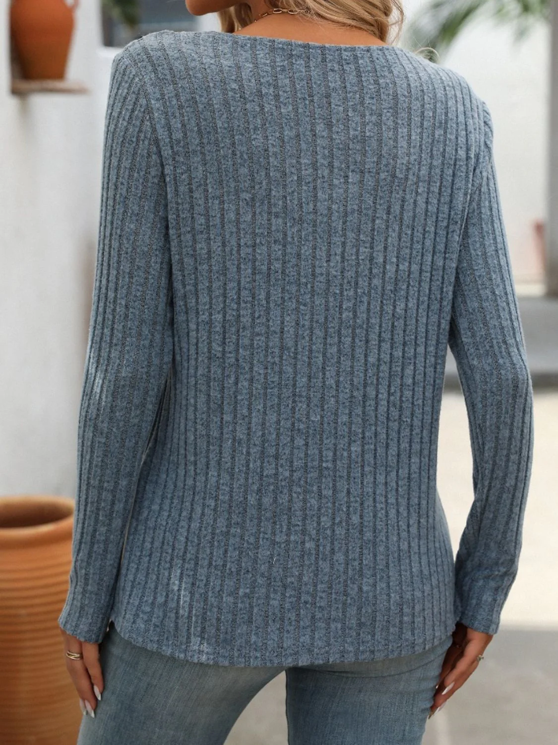 Mandy Ribbed V-Neck Long Sleeve T-Shirt - Image 2
