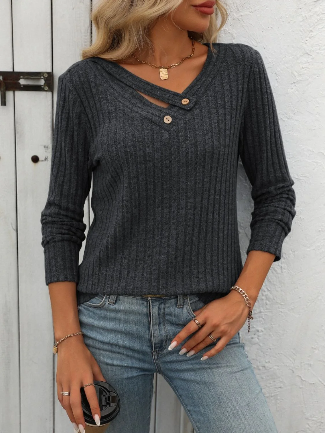 Mandy Ribbed V-Neck Long Sleeve T-Shirt - Image 6