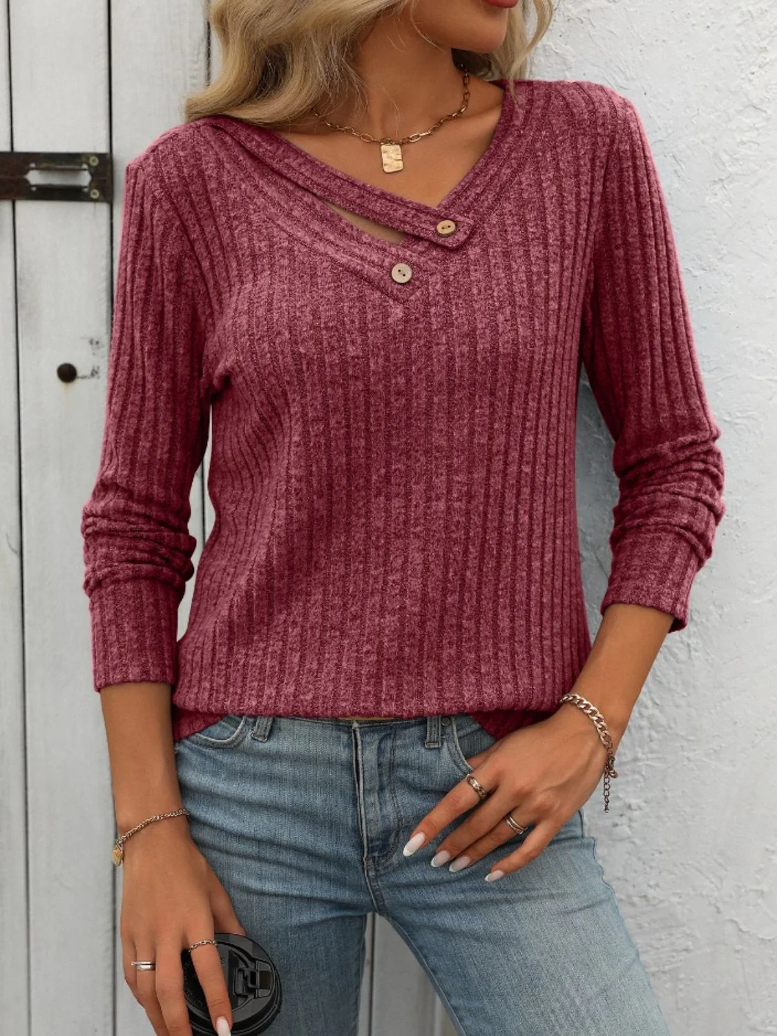 Mandy Ribbed V-Neck Long Sleeve T-Shirt - Image 7