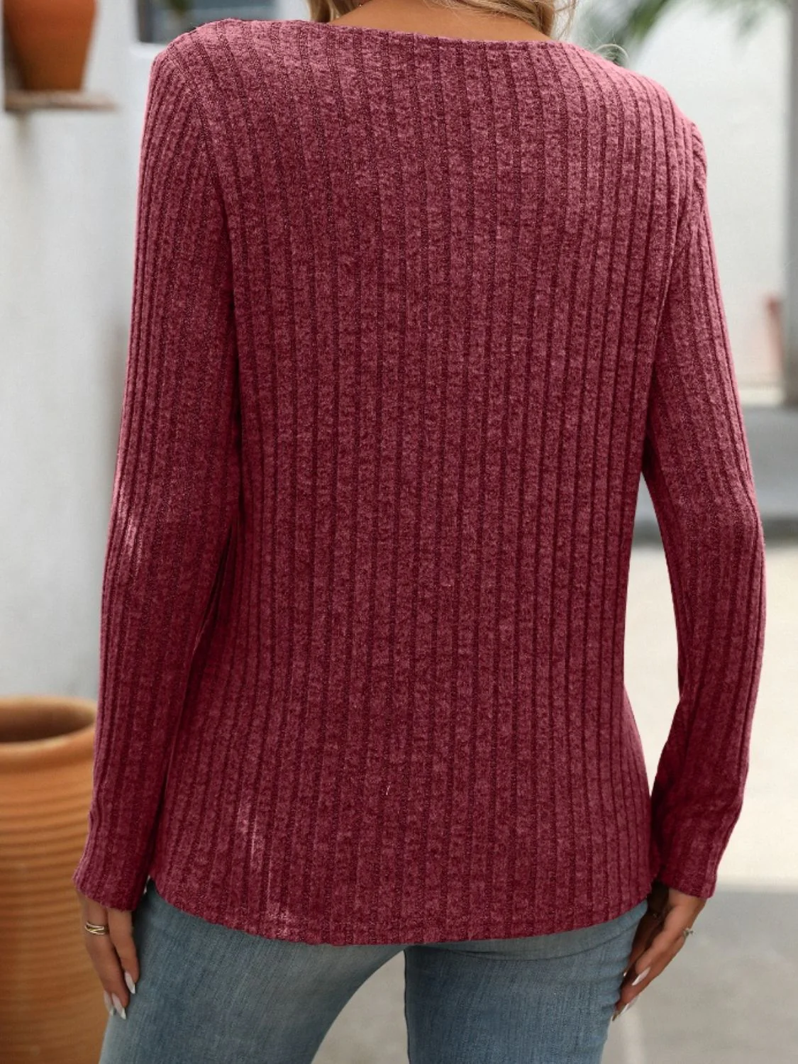 Mandy Ribbed V-Neck Long Sleeve T-Shirt - Image 8
