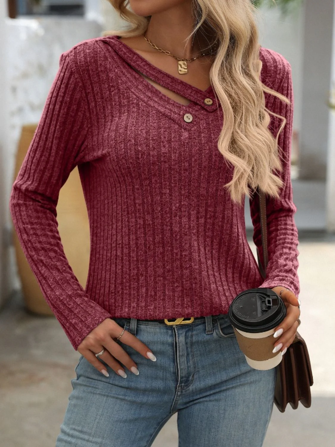 Mandy Ribbed V-Neck Long Sleeve T-Shirt - Image 9