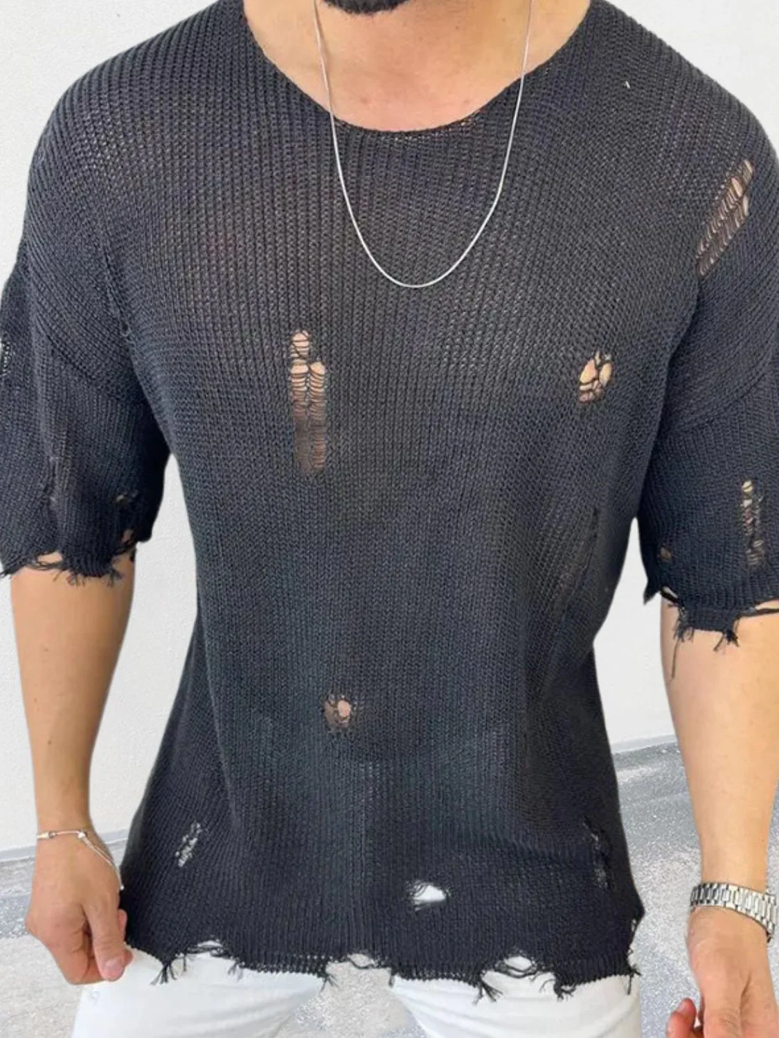Men's Distressed Round Neck Knit Top - Image 2