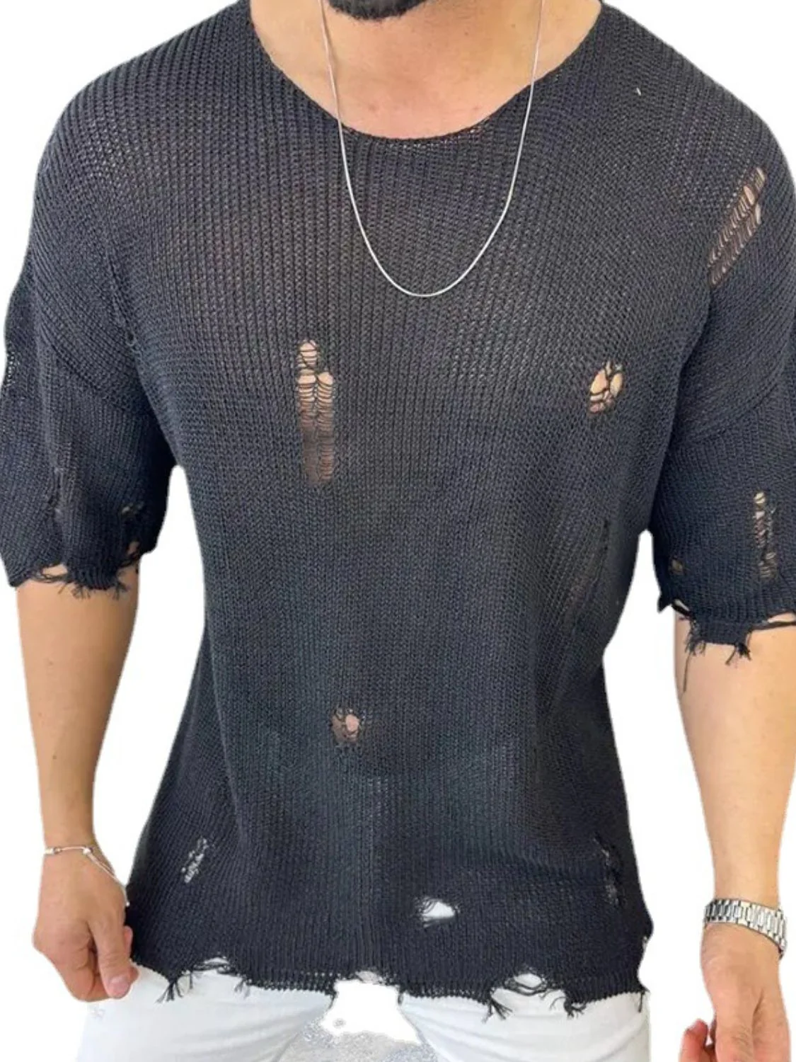 Men's Distressed Round Neck Knit Top - Image 3