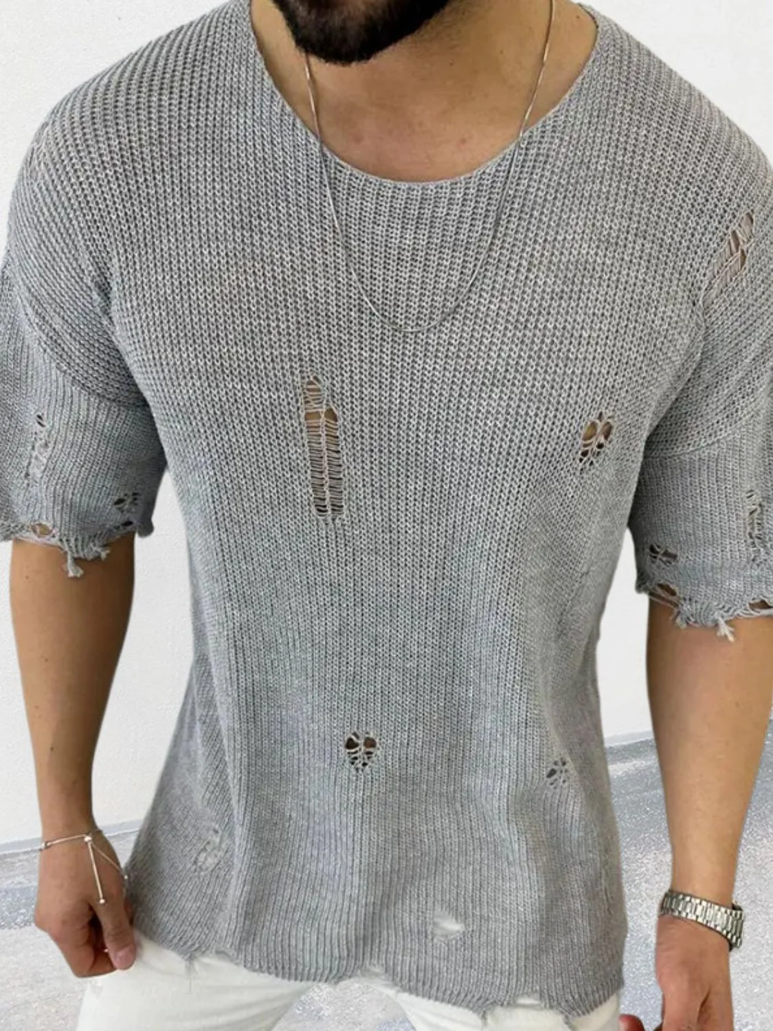 Men's Distressed Round Neck Knit Top - Image 6