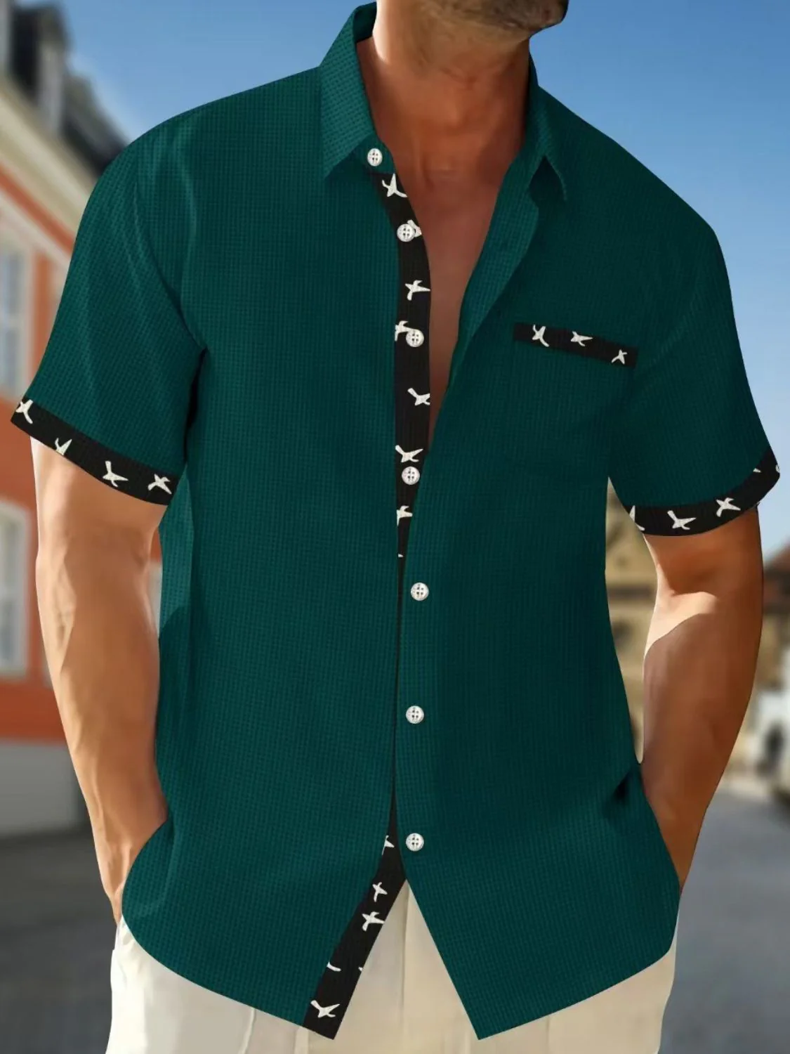 Men's Full Size Contrast Trim Waffle Knit Short Sleeve Shirt Plus Size - Image 4