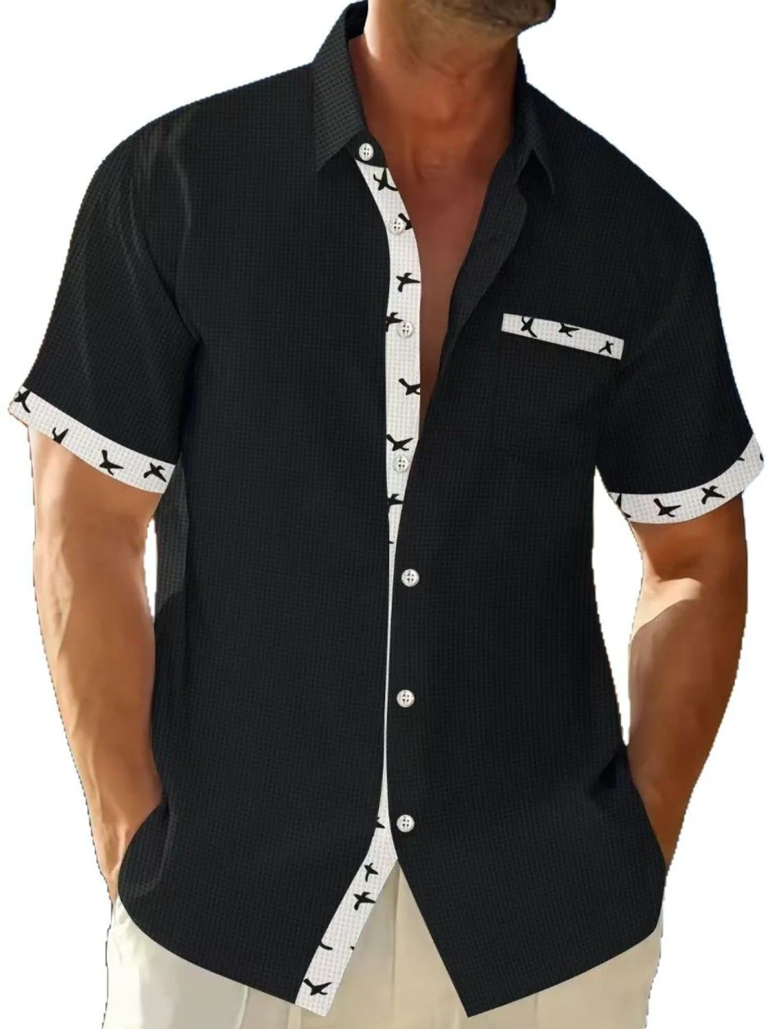 Men's Full Size Contrast Trim Waffle Knit Short Sleeve Shirt Plus Size - Image 7