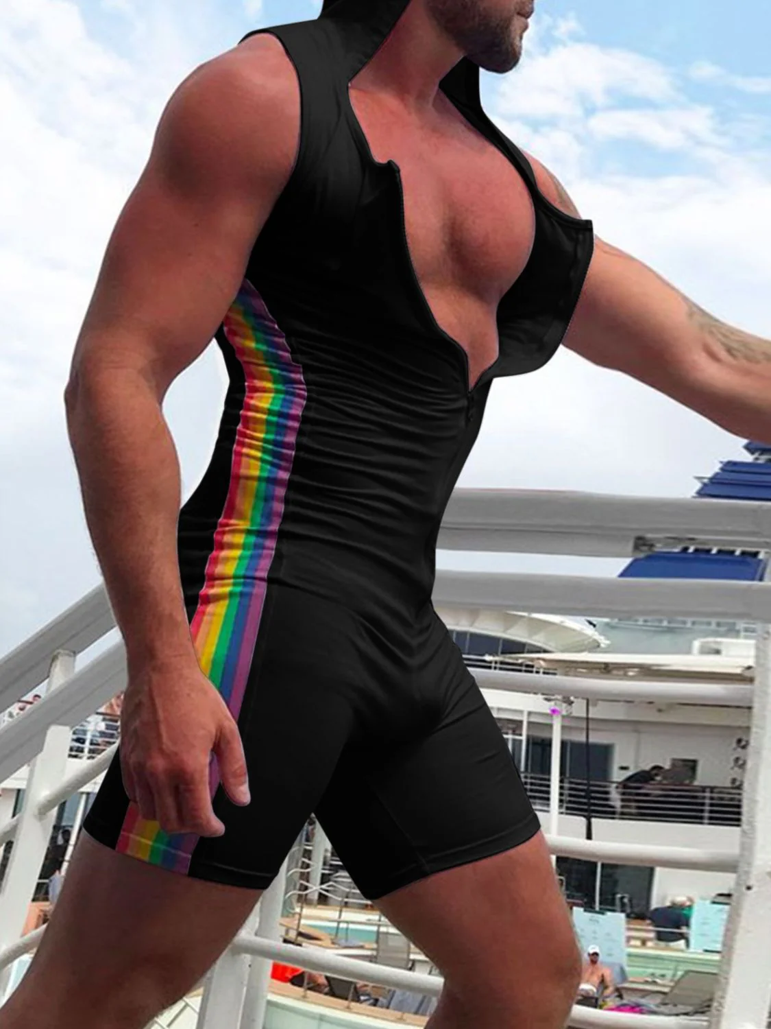 Men's Full Size Contrast Zip Front Sleeveless Active Romper Plus Size - Image 4