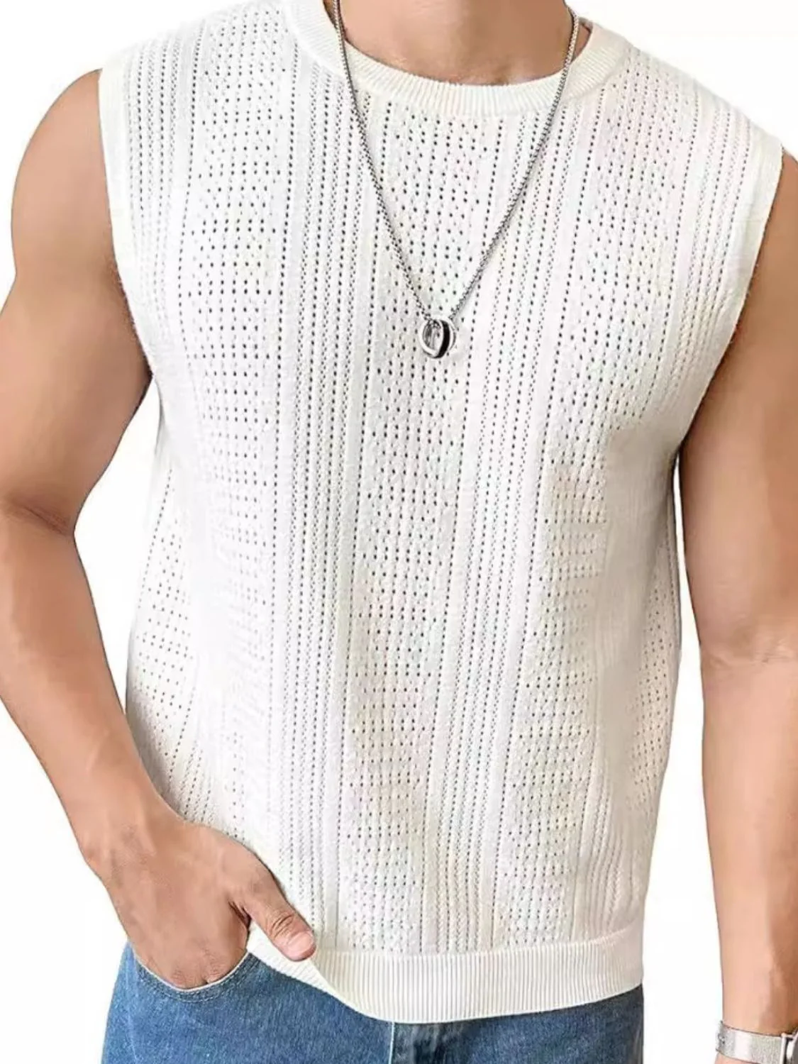 Men's Full Size Eyelet Round Neck Tank Plus Size - Image 2