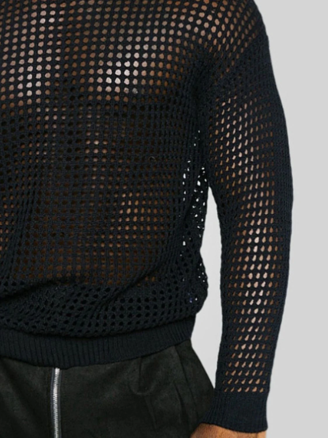 Men's Full Size Hollow Out Round Neck Long Sleeve Top Plus Size - Image 3
