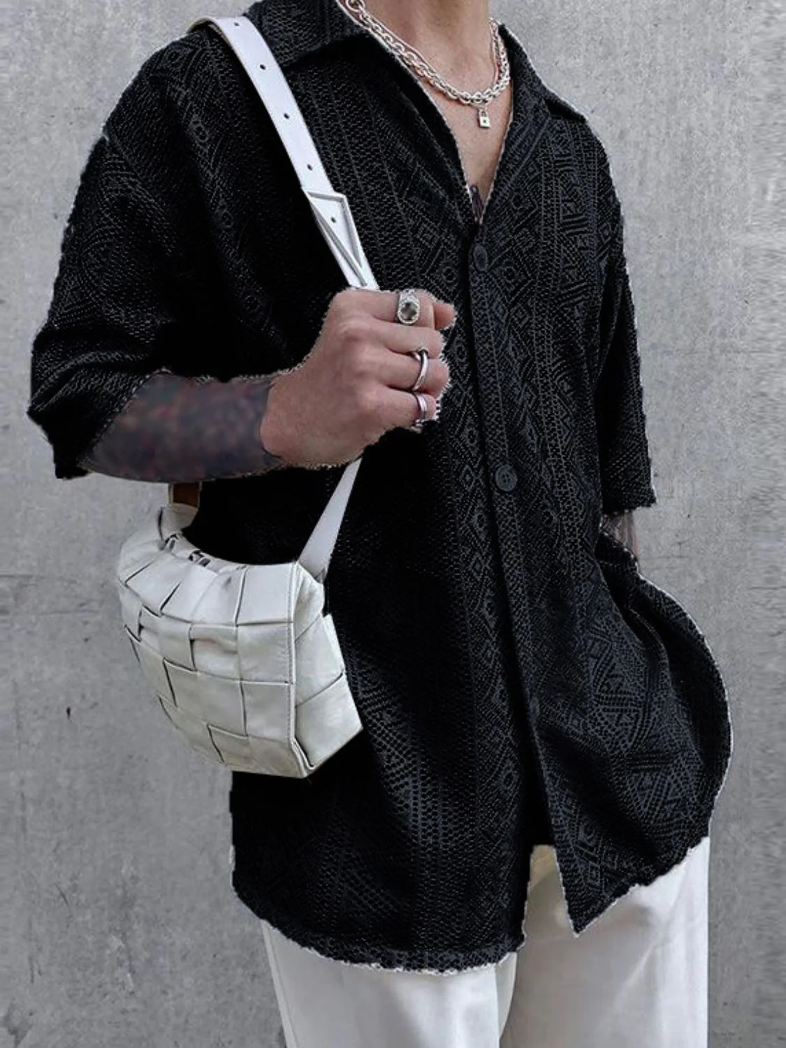 Men's Full Size Lace Half Sleeve Button Down Shirt Plus Size - Image 2