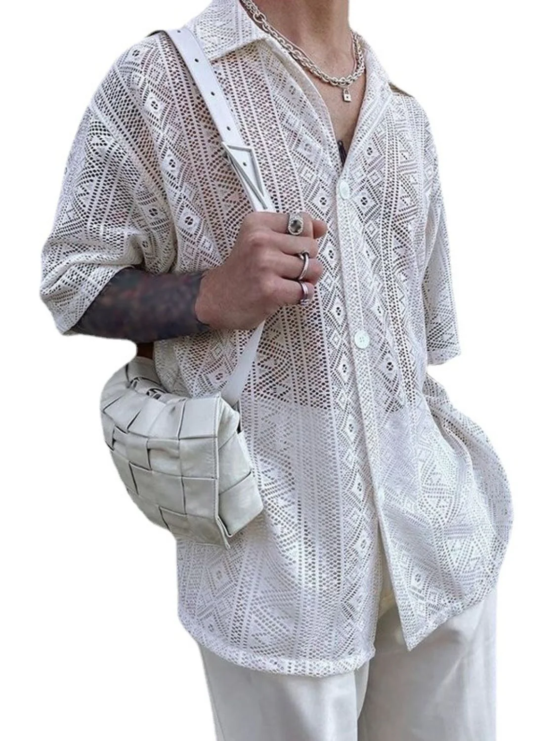 Men's Full Size Lace Half Sleeve Button Down Shirt Plus Size - Image 5
