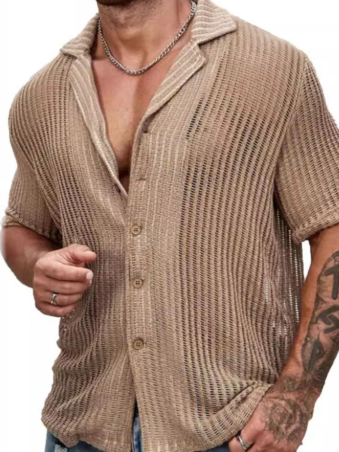 Men's Full Size Openwork Button Down Short Sleeve Shirt Plus Size - Image 2