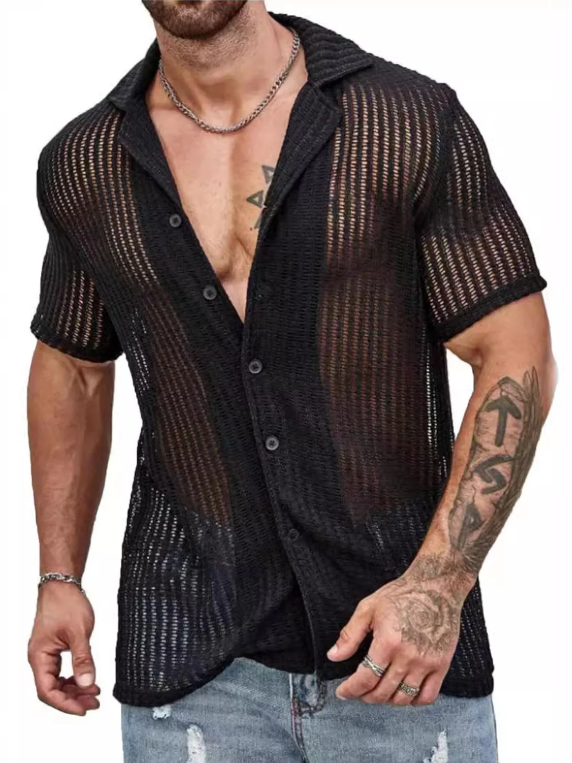 Men's Full Size Openwork Button Down Short Sleeve Shirt Plus Size - Image 3