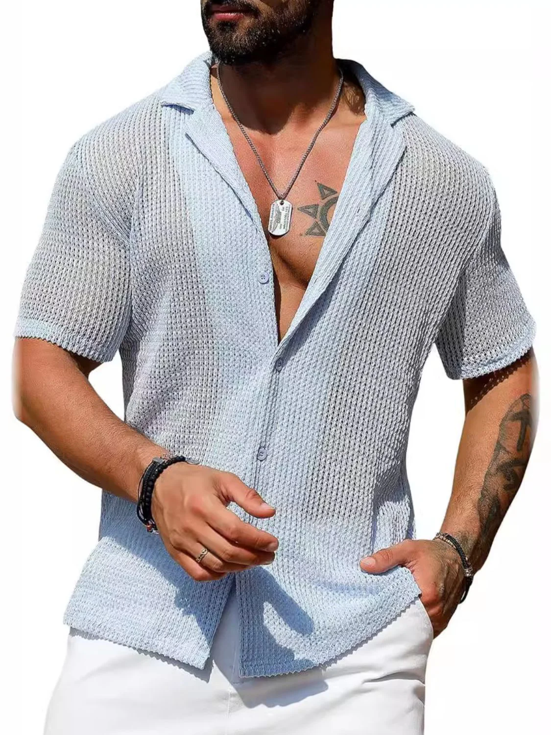 Men's Full Size Openwork Button Down Short Sleeve Shirt Plus Size - Image 4