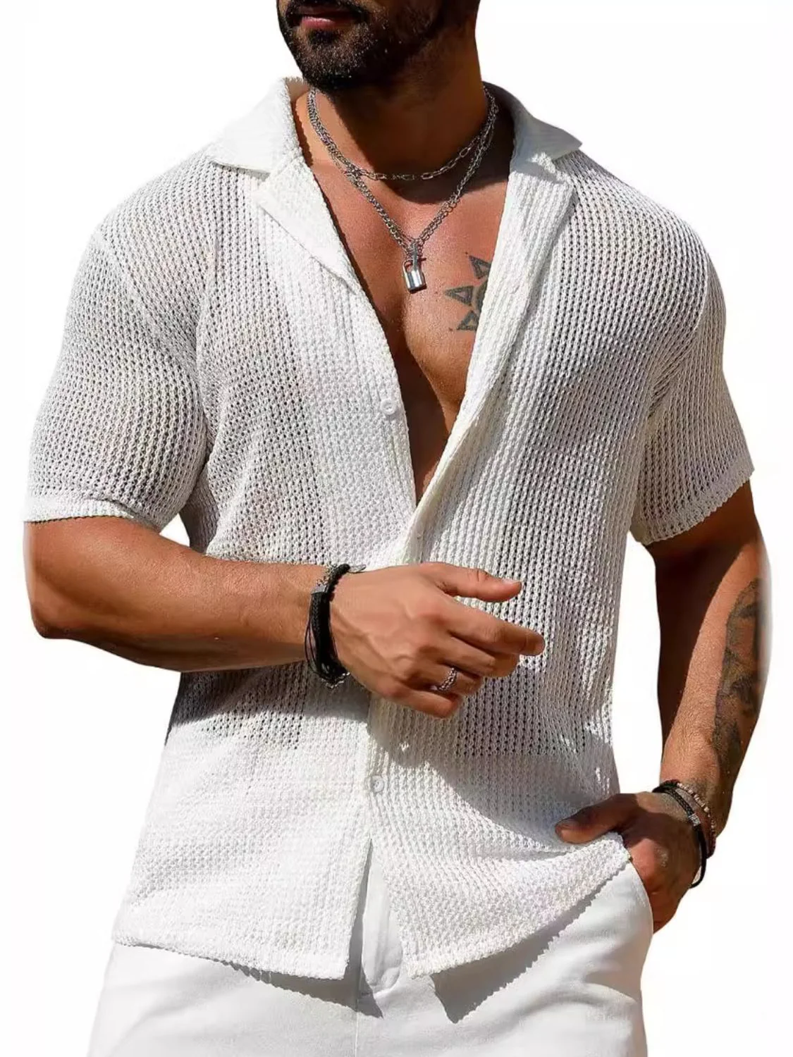 Men's Full Size Openwork Button Down Short Sleeve Shirt Plus Size - Image 5
