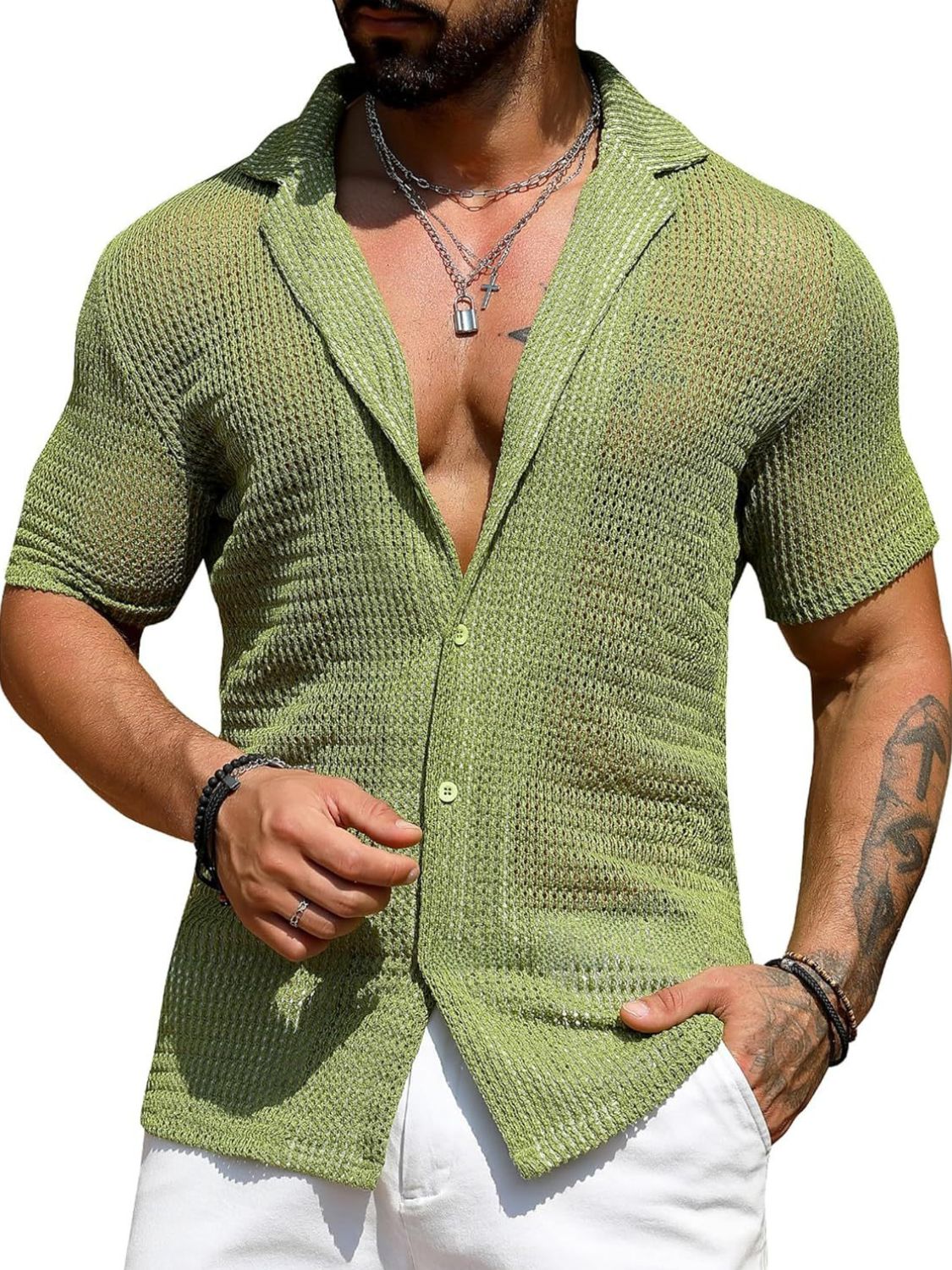 Men's Full Size Openwork Button Down Short Sleeve Shirt Plus Size - Image 7