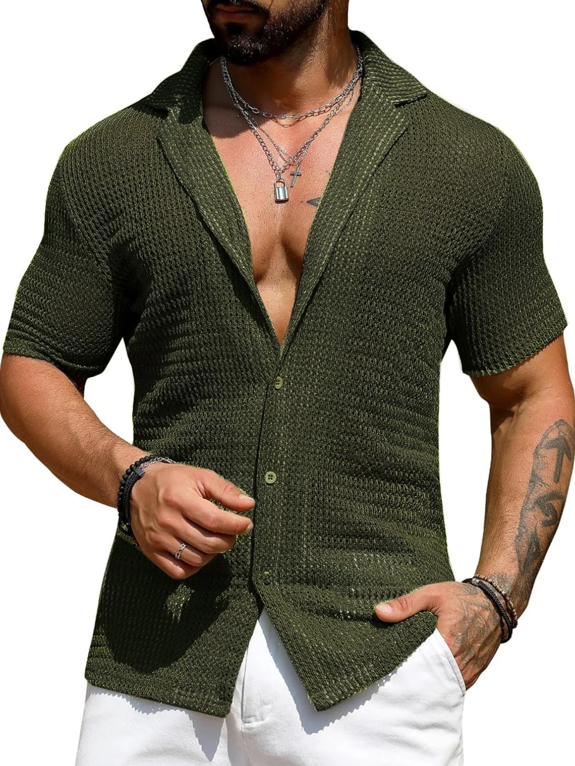 Men's Full Size Openwork Button Down Short Sleeve Shirt Plus Size - Image 8
