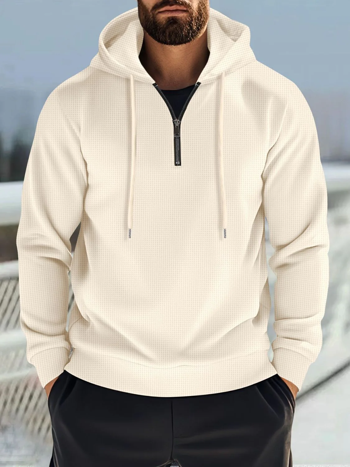 Men's Full Size Quarter Zip Long Sleeve Drawstring Hoodie Plus Size - Image 2