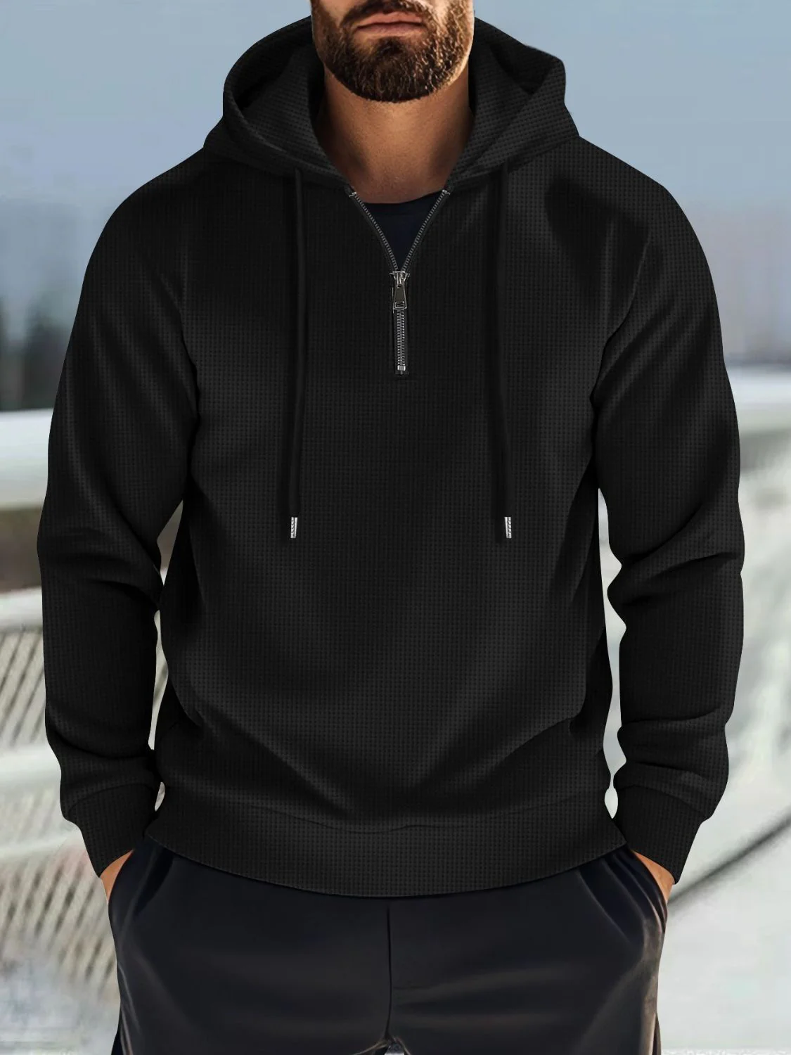 Men's Full Size Quarter Zip Long Sleeve Drawstring Hoodie Plus Size - Image 3