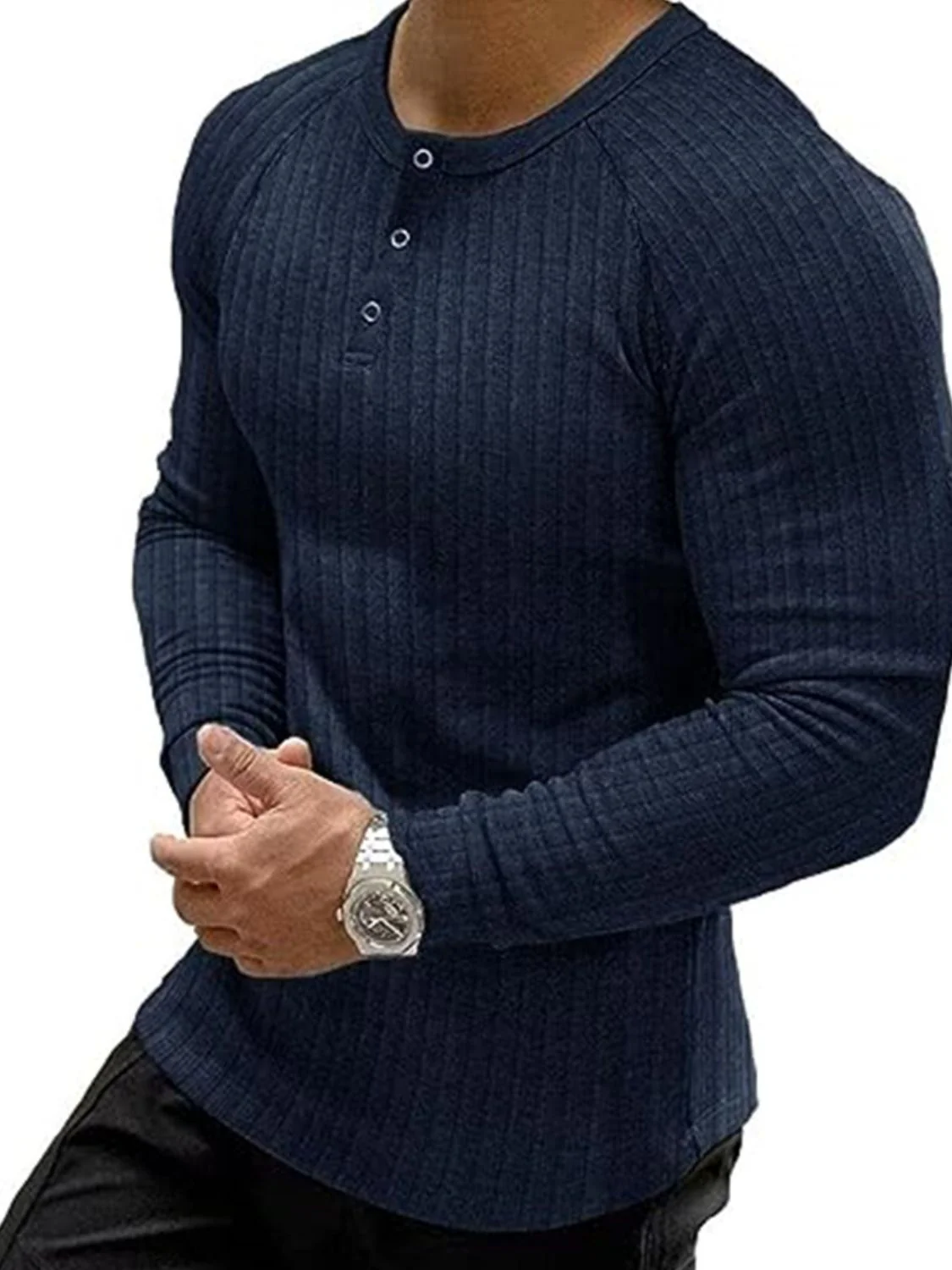 Men's Full Size Ribbed Round Neck Long Sleeve T-Shirt Plus Size - Image 2