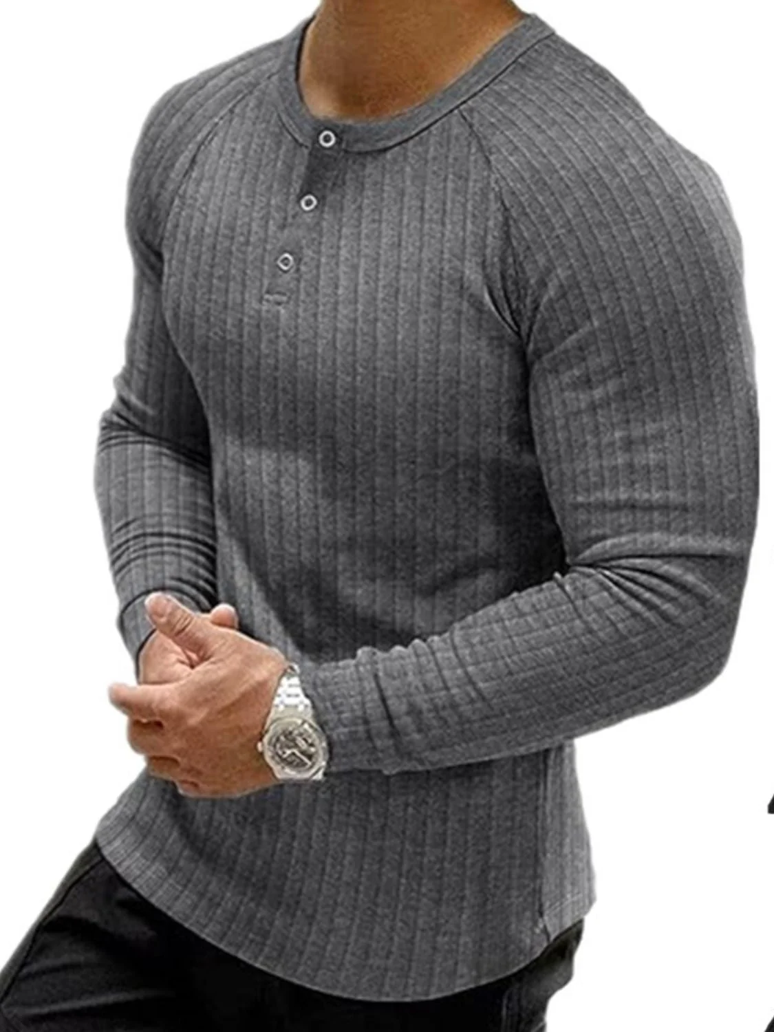 Men's Full Size Ribbed Round Neck Long Sleeve T-Shirt Plus Size - Image 3