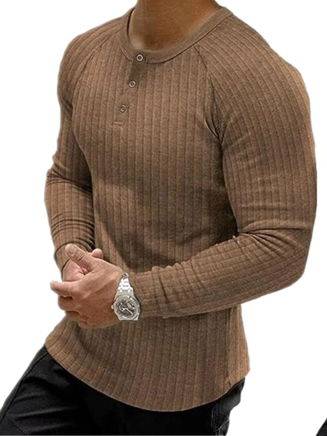 Men's Full Size Ribbed Round Neck Long Sleeve T-Shirt Plus Size - Image 4