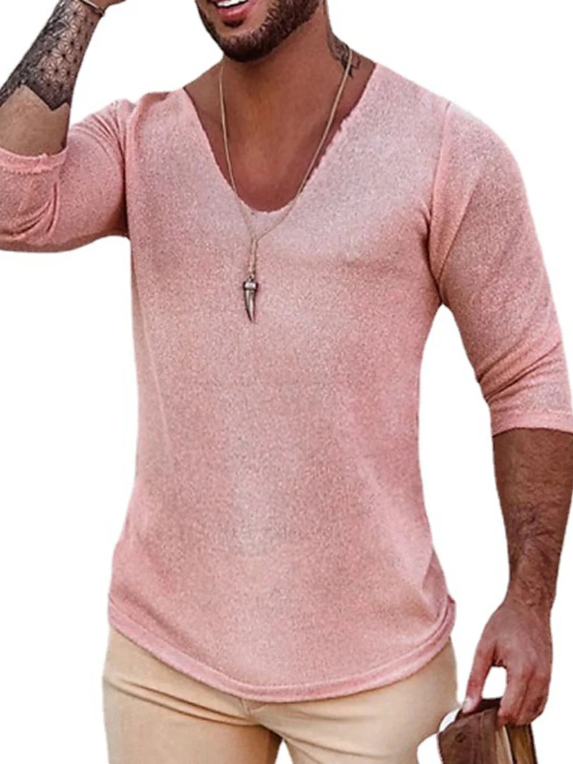 Men's Full Size V-Neck Long Sleeve T-Shirt Plus Size - Image 4