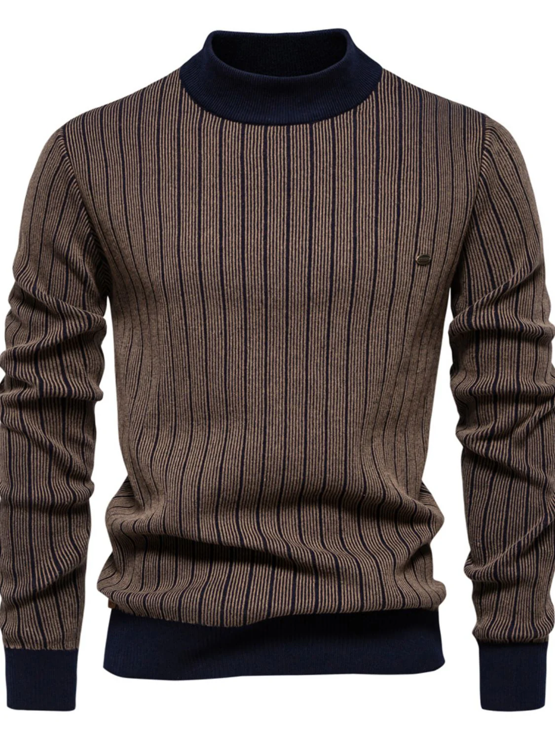 Men's Mock Neck Contrast Striped Sweater - Image 4