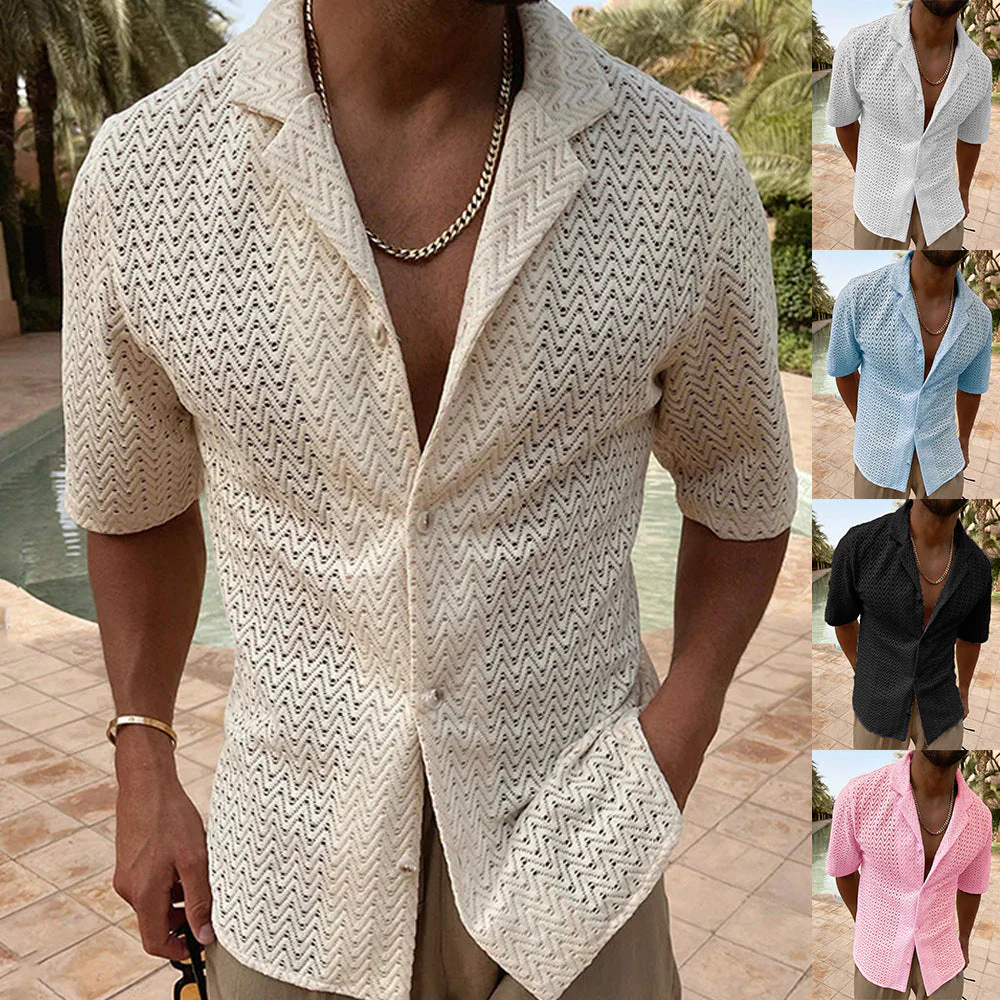 Men's Plus Size Herringbone Eyelet Button Down Knit Shirt - Image 13