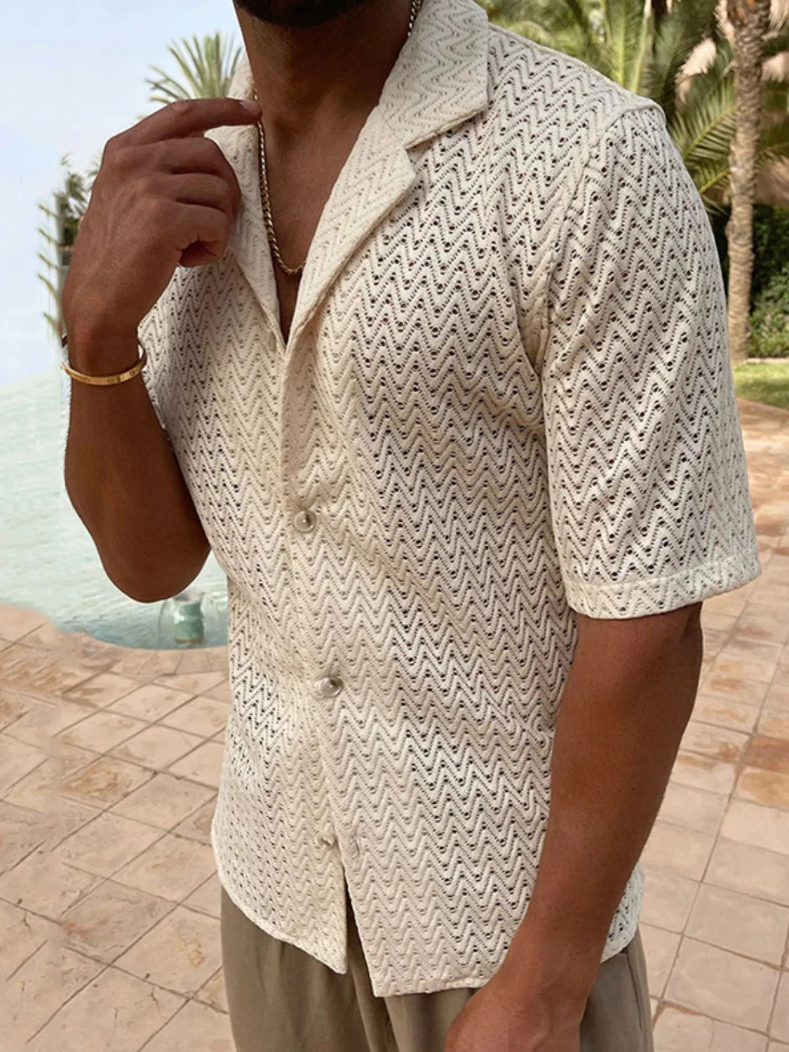 Men's Plus Size Herringbone Eyelet Button Down Knit Shirt - Image 2
