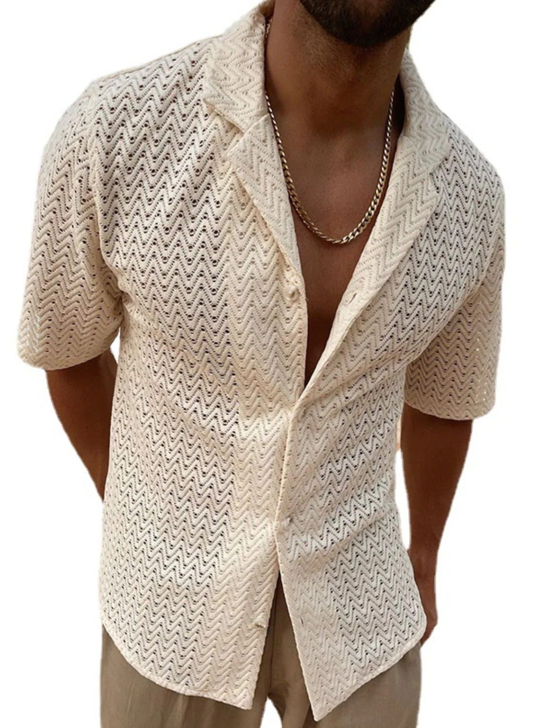 Men's Plus Size Herringbone Eyelet Button Down Knit Shirt - Image 4