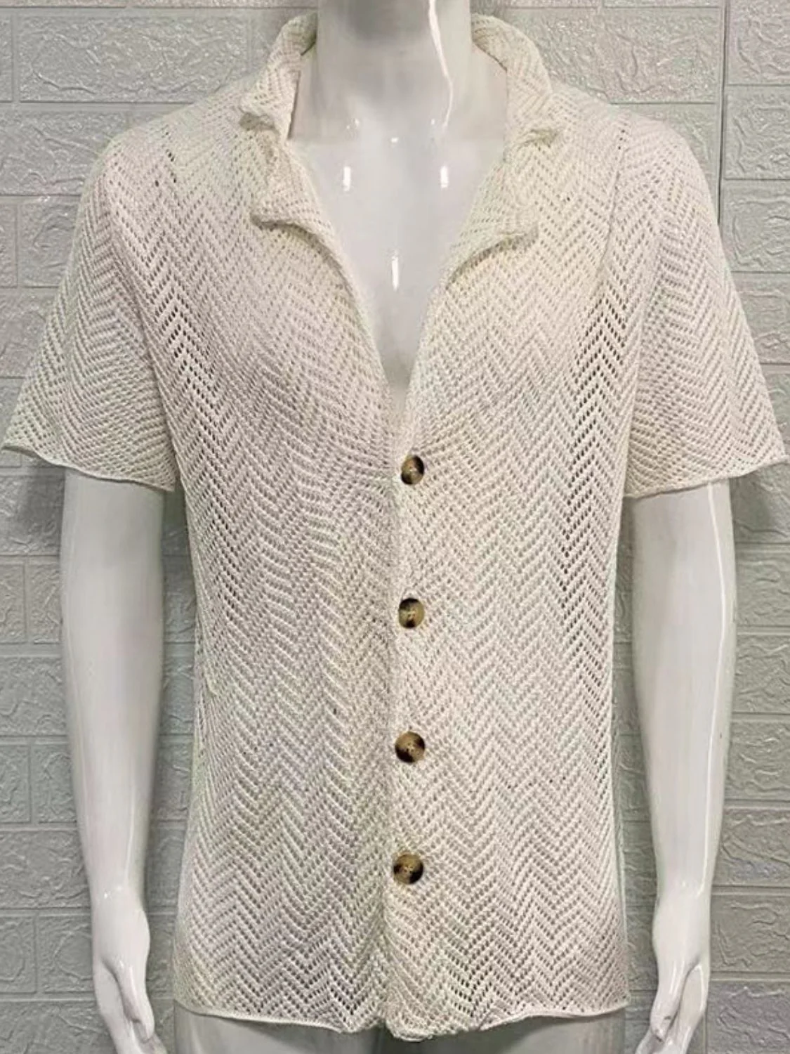 Men's Plus Size Herringbone Eyelet Button Down Knit Shirt - Image 5