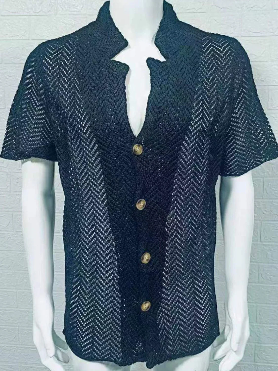 Men's Plus Size Herringbone Eyelet Button Down Knit Shirt - Image 6